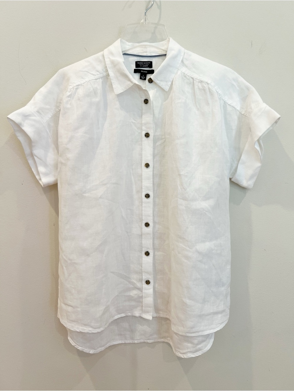 J Crew Shirt Women Small White Linen Baird McNutt Short Sleeve Relaxed Button Up